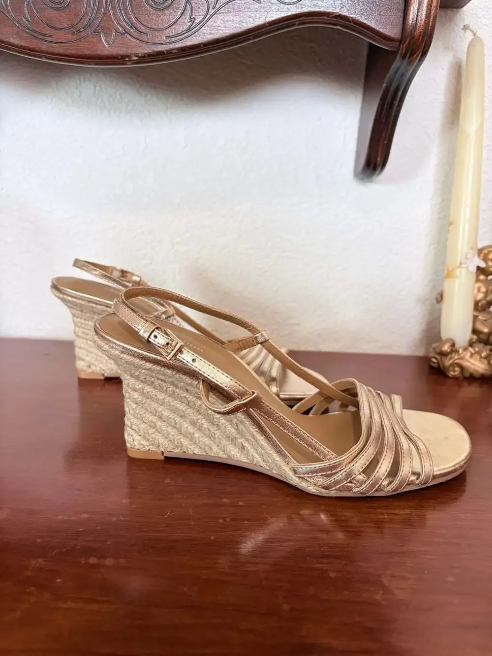 Reformation Elsie Gold Metallic Espadrille Wedge Heel Sandals Size 5.5